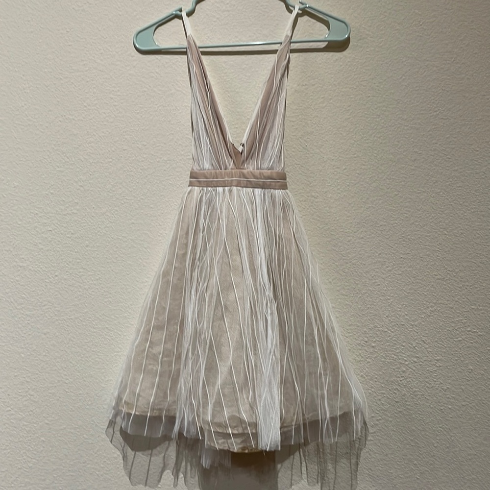 Strappy back plunging neckline pink and white tulle dress